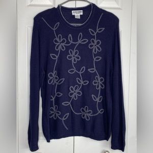 Women's Alfred Dunner Sweater Waffle Knit 3D Floral Vintage Navy Blue White PM